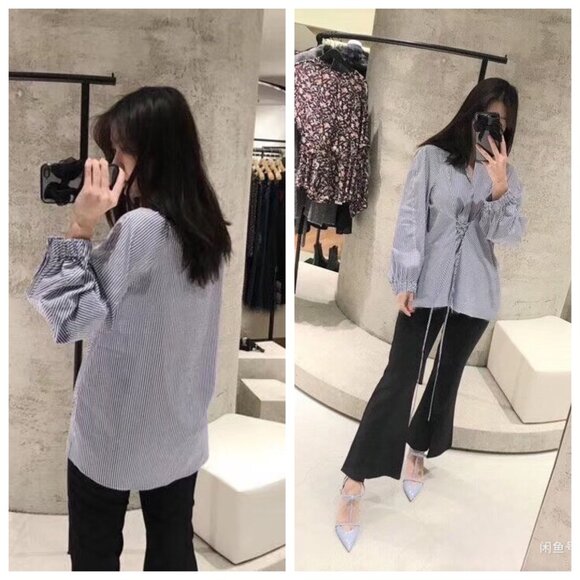 NWOT$275 - Tibi Stylish Blue Striped Long-Sleeve Blouse - Sz S - Picture 2 of 6